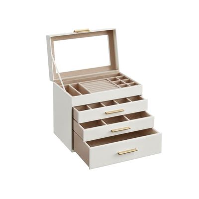 Smykkeskrin med glaslåg, 4-trins smykkearrangør, 3 skuffer, til solbriller, store smykker, smykkeopbevaring, moderne stil, skyhvid og guldfarve JBC16