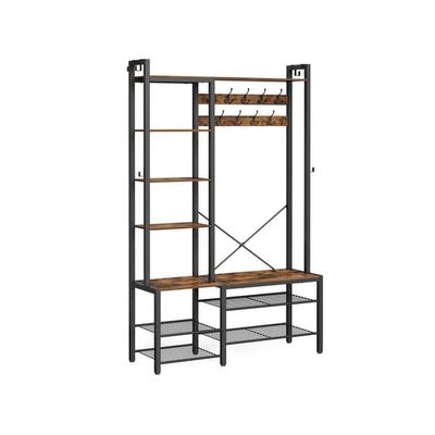 Hallträd med bänk och skoförvaring, Hall Coat Rack med skobänk och 5 förvaringshyllor, 9 klädkrokar och 6 sidokrokar, 140 x 120 x 190 cm, Vintage Bro