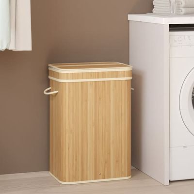 SONGMICS Tvättkorg med lock, tvättkorg i bambu, tvättpåse med handtag, avtagbar och tvättbar i maskin