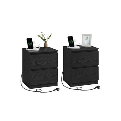 VASAGLE nattduksbord, 2-pack med uttag och lådor, ebenholts