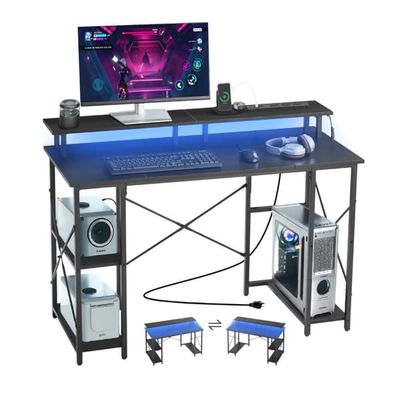 Skrivebord - Computer- og gamingbord - Bredde 120 cm - LED-lys - Indbyggede stikkontakter - Vendbart design - Skærmstativ - Hylder med 2 lag - Sort
