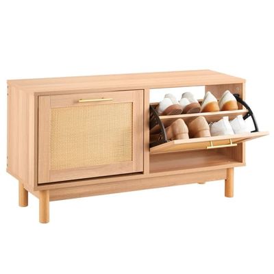 Skobænk til entré - Skoskab med siddeplads - Mål 100 x 30 x 53 cm - To vippeskuffer - Fire rum - To døre i rattanlook - Maks. belastning 136 kg