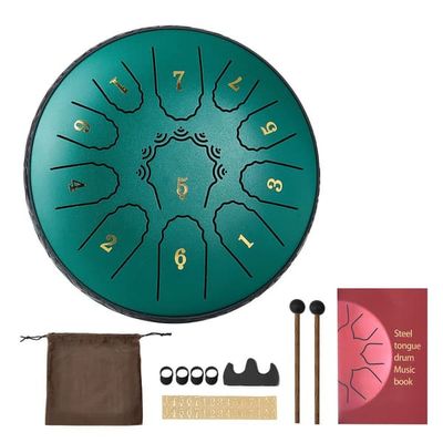 Ståltungetromme - Tank Drum - 11 Noder - D-dur - Ø16,5 cm - Inkl. Nodebog og Køller - Begyndervenlig - Til Meditation og Yoga - Grøn
