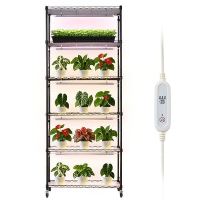 Odlingshylla med växtbelysning - Inomhus växtställ 6 våningar - 180 cm - Hjul - Timer 4/9/14 h - 150 W fullspektrum 3 färger - För fröstart