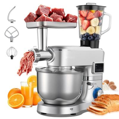 Køkkenmaskine - Røremaskine med blender - Skål 5,7 L - Effekt 1500 W - Hastighedstrin 6+ - Vippehoved - Blender 1,5 L - Skål i rustfrit stål - Sølv