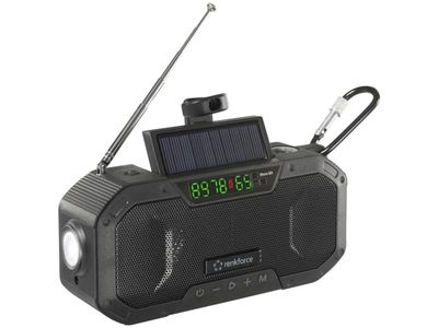 Renkforce RF-CR-300 Outdoorradio FM, AM (1018) Nødradio, Bluetooth, SD genopladelig, Solcellepanel, Håndsving, Lommelygte Sort