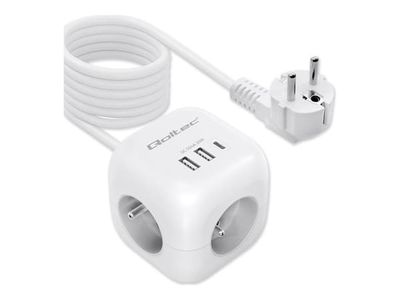 Qoltec - Effektband - 6-i-1 förlängningssladd med belyst strömbrytare - AC 230 V - 3680 Watt - ingång: Typ E - utgångskontakter: 3 (3 x typ E, 2 x US
