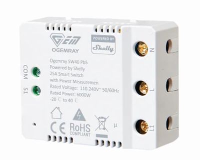 Shelly SHELLY_PBS_SW40, Smart relä, Vit, HTTPS, TLS, 6000 W, 25 A, 110 - 240 V