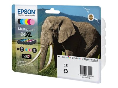 Epson 24XL Multipack - 6-pack - 55.7 ml - XL - svart, gul, cyan, magenta, lys magenta, lys cyan - original - blister - blekkpatron - for Expression P