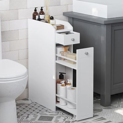 Smalt baderomsskap med uttrekkbar skuff - Hvit