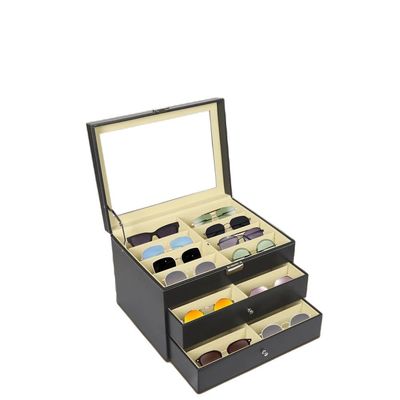 24 Stykker Solbrille Display Kasse, Tre-Niveau Design, Klar Glaslåg, Holdbare Materialer