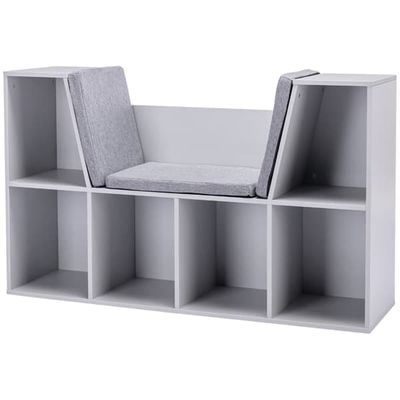 Barnbokhylla med sittpall, 6 fack, sittbänk med 3 kuddar, leksakskista, grå, 103×30×62 cm