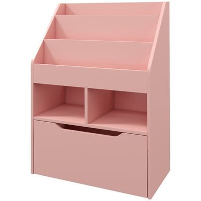 Børnebibliotek med skuffe, 3 hyldeplan & 2 åbne rum, børneværelse, rosa, 60×29,9×90 cm