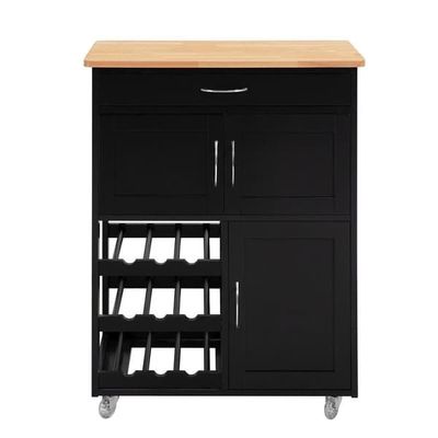 SoBuy Køkkenvogn med hjul, skuffer og vinhylde – Kompakt køkkenø | Sort 67x38x86cm FKW45-SCH