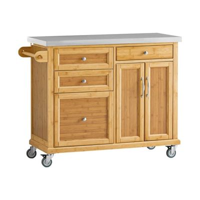 SoBuy Køkkenø med hjul, 115x46x92cm – Bordplade i rustfrit stål, Multifunktionel køkkenvogn | Natur FKW70-N