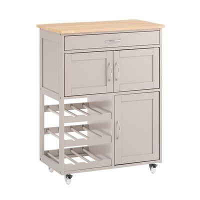 SoBuy Køkkenvogn med hjul, skuffer og vinhylde – Kompakt køkkenø | Khaki 67x38x86cm FKW45-KA