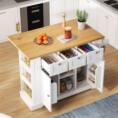 Mobil køkkenø 132 cm, landlig stil med sammenklappelig bordplade, multifunktionsskab, skuffer, krydderihylde, 5 hjul og indbygget stikkontakt