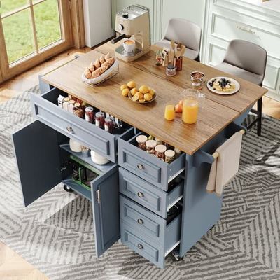 Köksö 110×45-75×92 cm, modernt köksskåp, avtagbar serveringsvagn, bufféskåp med vintage-mönster, multifunktionellt bord med förvaring, blå