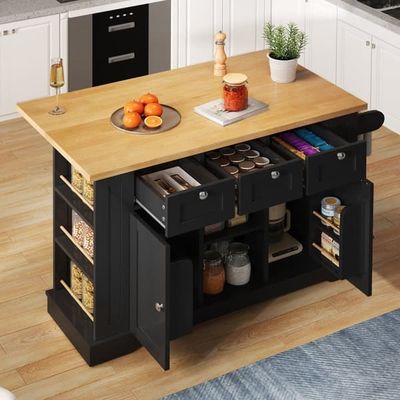 Mobil køkkenø 132 cm, landlig stil, sammenklappelig bordplade, multifunktionsskab, skuffe, krydderihylde, håndklædeholder, 5 hjul, stikkontakt