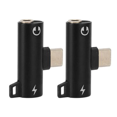 USB C til 3,5 mm lydadapter - 2 i 1 type C og 3,5 mm - Lyt til musik og opladning - Holdbar ABS - Sort - 2 stk