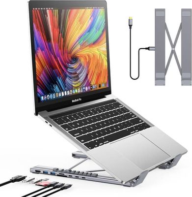 USB-C-telakointiasema ja kannettavan tietokoneen teline - 7-in-1 yleiskeskitin