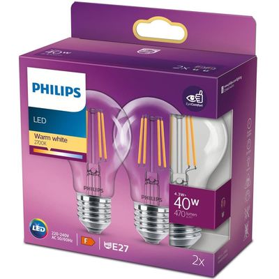 2-paks LED E27 Normal 4,3W (40W) Klar 470lm