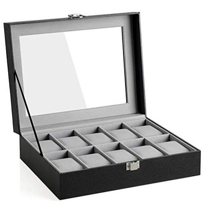 Elegant klokkeboks med 10 spor med glasslokk og puter
