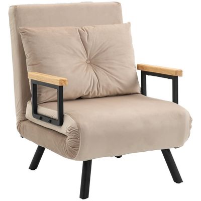 Sovesofa, Hvilestol Med Sengefunksjon, Gjesteseng Med Fløyelslook, Ryggpute, Polstret Sofa Med Justerbar Rygg, Beige, 63 X 73 X 81 Cm