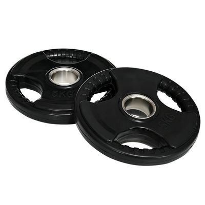 Vægtskiver Sæt Med 2 Tri-Grip 2 X 5 Kg Gummierede Olympiske Plader, Gulvvenlige, 5 Cm Boring, Tre Håndtag, Styrketræning