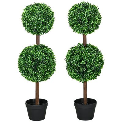 Kunstige planter, sett med 2 buksbom, 90 cm kunstig plante med dobbel kule, UV-bestandig stueplante, kunstig tre, plantedekorasjon for innendørs, uten