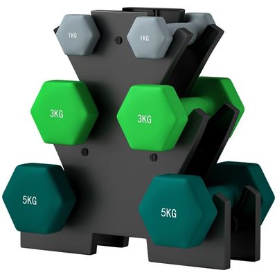 Hantelsett 6 manualer med manualstativ, 2 x 1 kg, 2 x 3 kg, 2 x 5 kg metallhåndvektsett for trening, gymnastikk, hjemme