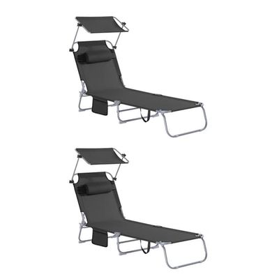 SoBuy 2 x Sammenklappelig Solseng med Nakkepude & Justerbar Solskærm – Til Terrasse & Have | Sort OGS48-SCHx2