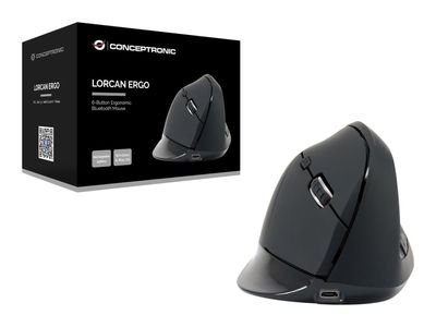Conceptronic LORCAN03B ERGO - Vertikal mus - ergonomisk - høyrehendt - optisk - 6 knapper - trådløs - Bluetooth 5.2 - svart