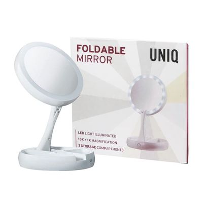 Foldbart Makeup spejl med lys LED og 10x forstørrelse, UNIQ - Hvid