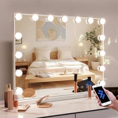 FENCHILIN Hollywood sminkspegel med lampor Bluetooth bordsskiva väggfäste Vit 58 x 46cm spegel med belysning