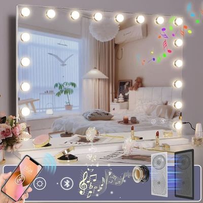 FENCHILIN stor Hollywood sminkspegel med lampor Bluetooth bordsskiva väggfäste vit 80 x 58 cm