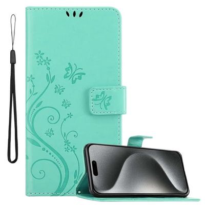 Deksel til iPhone 15 PRO Lommebokdeksel i blomster design med magnetisk lukking, stativfunksjon og kortplasser