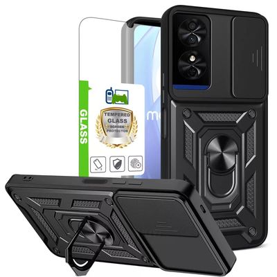 For TCL 50 SE Hybrid Armor Case Shockproof Ring Stand Phone Cover+Tempered Glass Black