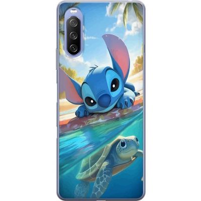 Sony Xperia 10 III Gennemsigtig cover Stitch med skildpadde - sød blå alien i tropisk strandmiljø fra Disney