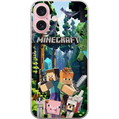 Apple iPhone 16 Gjennomsiktig deksel Minecraft mobildeksel med skog og figurer i pikselstil