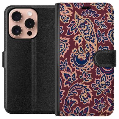 Apple iPhone 16 Pro Plånboksfodral Paisley orientaliskt mönster boho indiskt mönster vintage ornament blommor retro textil tapet dekoration