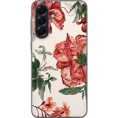 Samsung Galaxy A56 Gjennomsiktig deksel Røde blomster botanisk motiv med grønne blader elegant stil for de som liker naturens farger