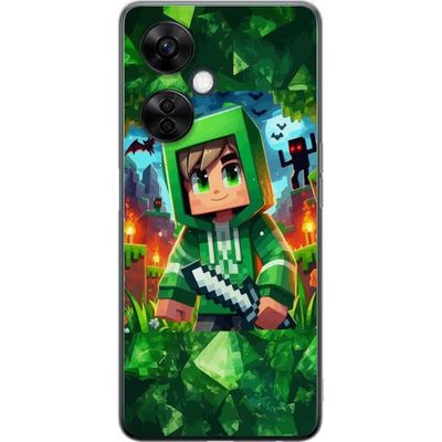 OnePlus Nord CE 3 Lite Gjennomsiktig deksel Minecraft gamer gutt grønn hettegenser - tegnet Minecraft gutt med sverd, piksler og eventyrtema