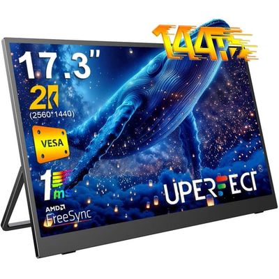 UPERFECT 17,3-tommer 144Hz 2K bærbar skærm, egnet til gaming og kontorbrug.