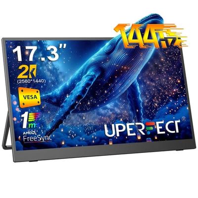 Den bærbare 17,3-tommer 2K 144Hz IPS-skærm UPERFECT er en ekstern PC-skærm, der bruger en enkelt Type-C kabelforbindelse.