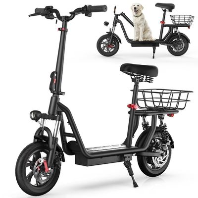 iScooter i12 elektrisk scooter med sæde til voksne, 500 W, 12 tommer, dobbelt affjedring, til bypendling, med basketball-sort, sort