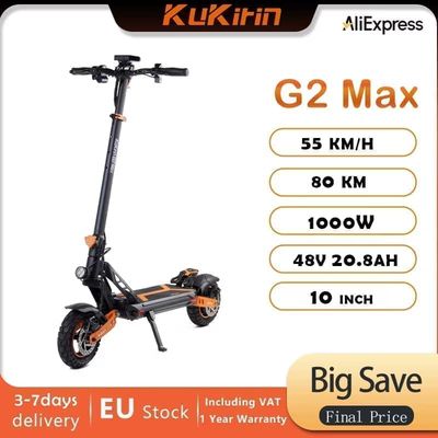 Kukirin G2 MAX elektrisk scooter | 48V / 20Ah batteri 1000W motor | Tophastighed 55 km/t | Rækkevidde 70km | 10" terrængående dæk