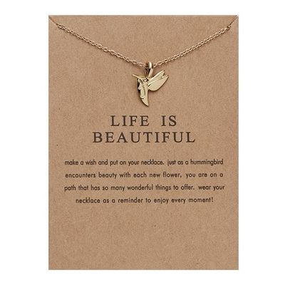Life is beautiful -necklace with bird 18K gold plated gift hummingbird