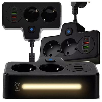 Alogy Kontaktförlängare Sockelsplitter Adapter Förlängningssladd 2x EU-kontakt 2x USB 2x USBC Svart