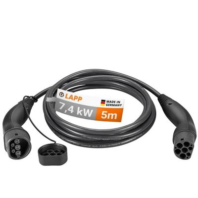LAPP MOBILITY Laddkabel Typ 2, upp till 7,4 kW, 5 m, svart (5555934002) 32 A, 1-fas, för laddning av hybrid- och elbilar med Typ 2-anslutning